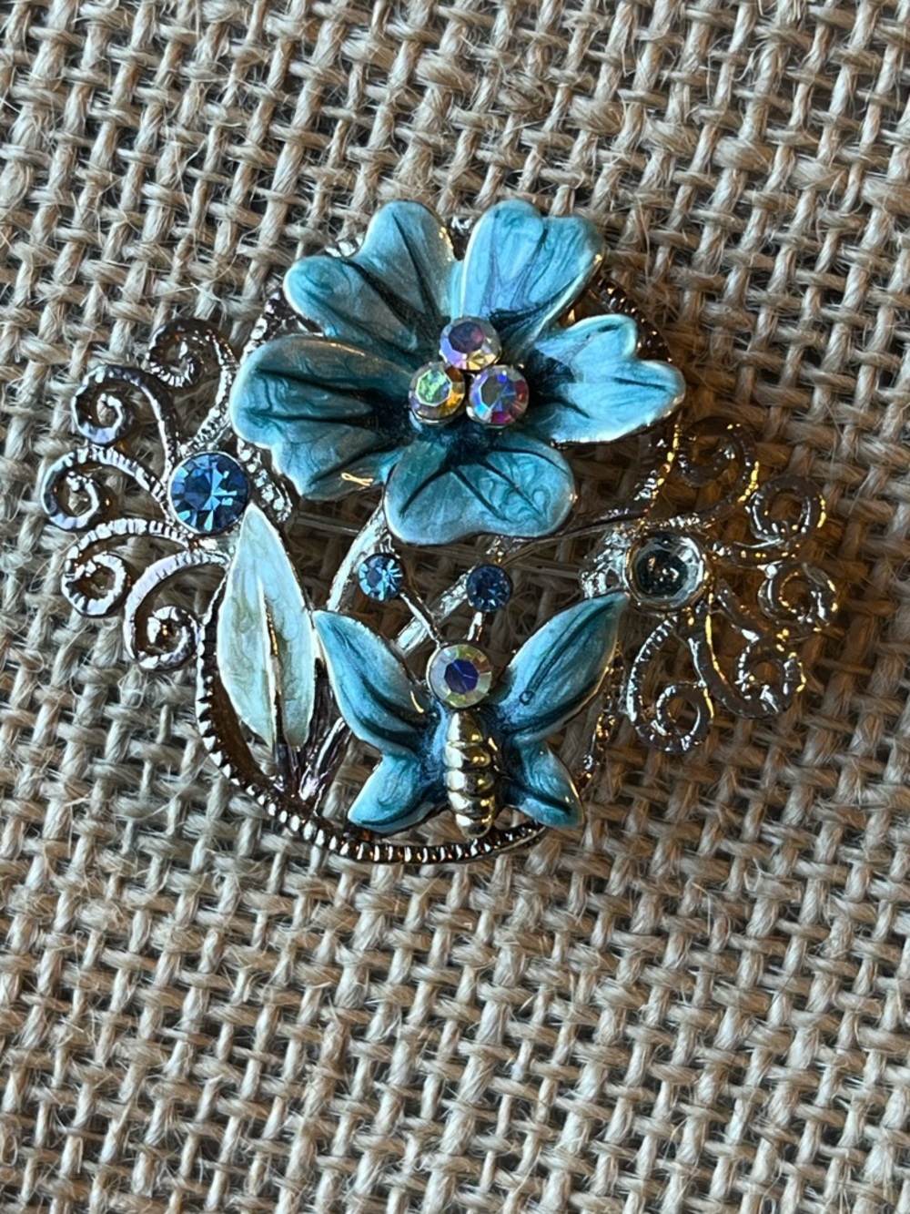 Vintage Floral Butterfly Enamel Rhinestone Brooch